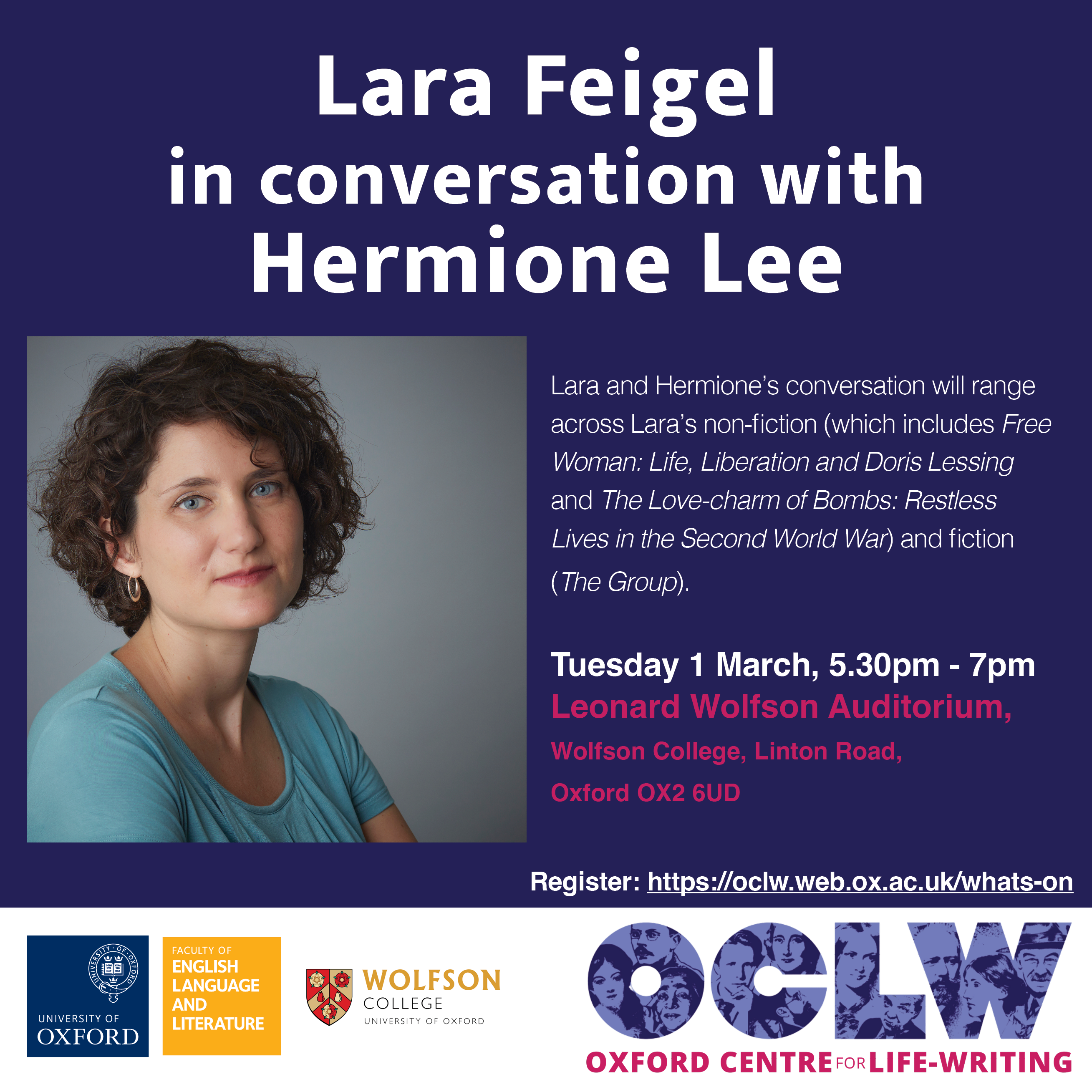 Poster for Lara Feigel in conversation with Hermione with an author's headshot of Lara Feigel on a purple background with the event title and OCLW logo.