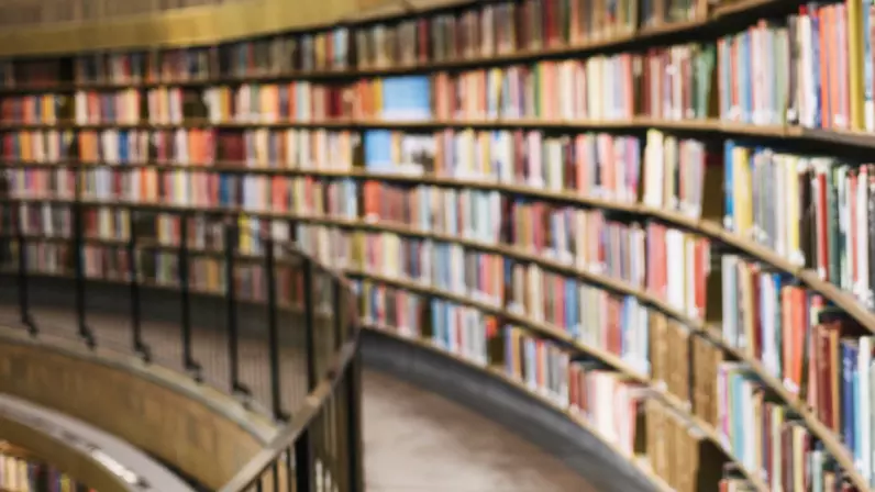Library books on a curved shelf
