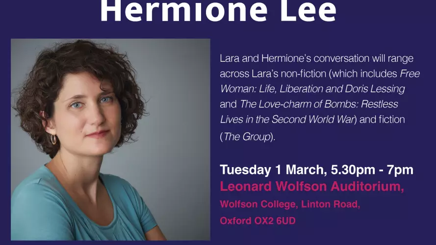 Poster for Lara Feigel in conversation with Hermione with an author's headshot of Lara Feigel on a purple background with the event title and OCLW logo.