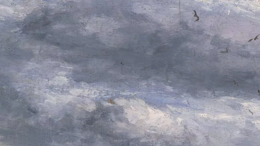 Painting of cloudy sky with circling birds